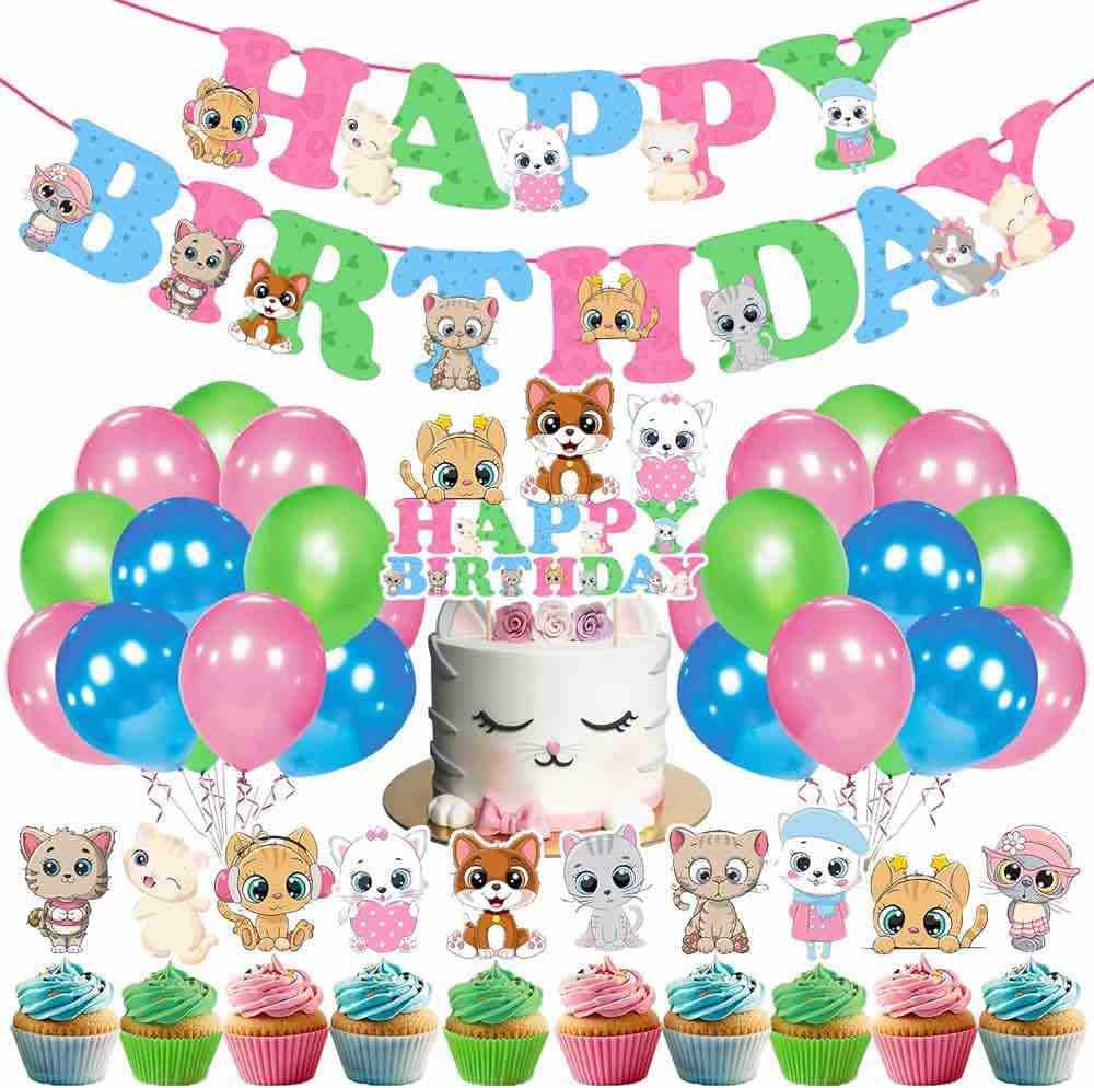 37pcs Cat Birthday Decorations Cat Stickers Cat Party Favors Happy Birthday Cat Cake Toppers For Kids Cat Ears Cupcake Toppers Cat Clubhouse Birthday Decorations Cat 1st Birthday Decorations
