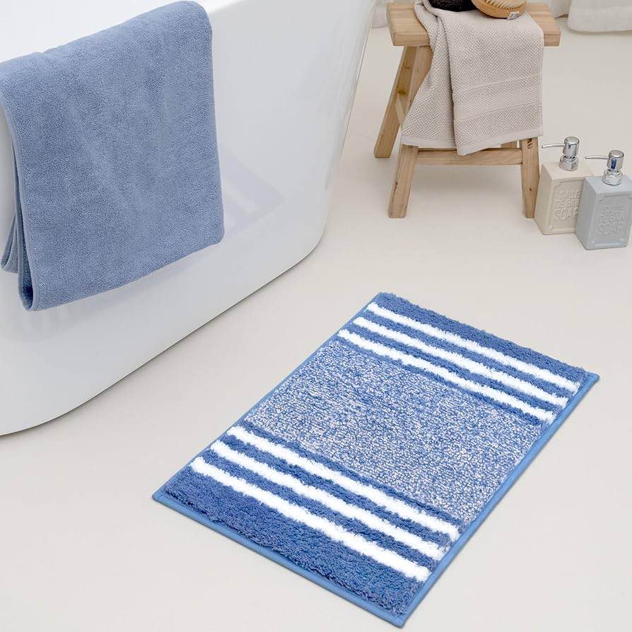 SiliPacks Stripe Bathroom rugs, Extra Soft and Absorbent Bath Mats,16" x 24" Small Blue Non-Slip Washable Bath Rugs for Bathroom Bedroom Kitchen Decor,Trendy Shower Mats, Quick Dry Shaggy Bath Carpet Beige 2' x 1'4" (Oblong)