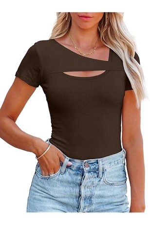 Areecin Women's Fashion Clothes One Piece Cutout Tops Short Sleeve Ribbed Knit Slim Fitted Shirts Tee Tshirts