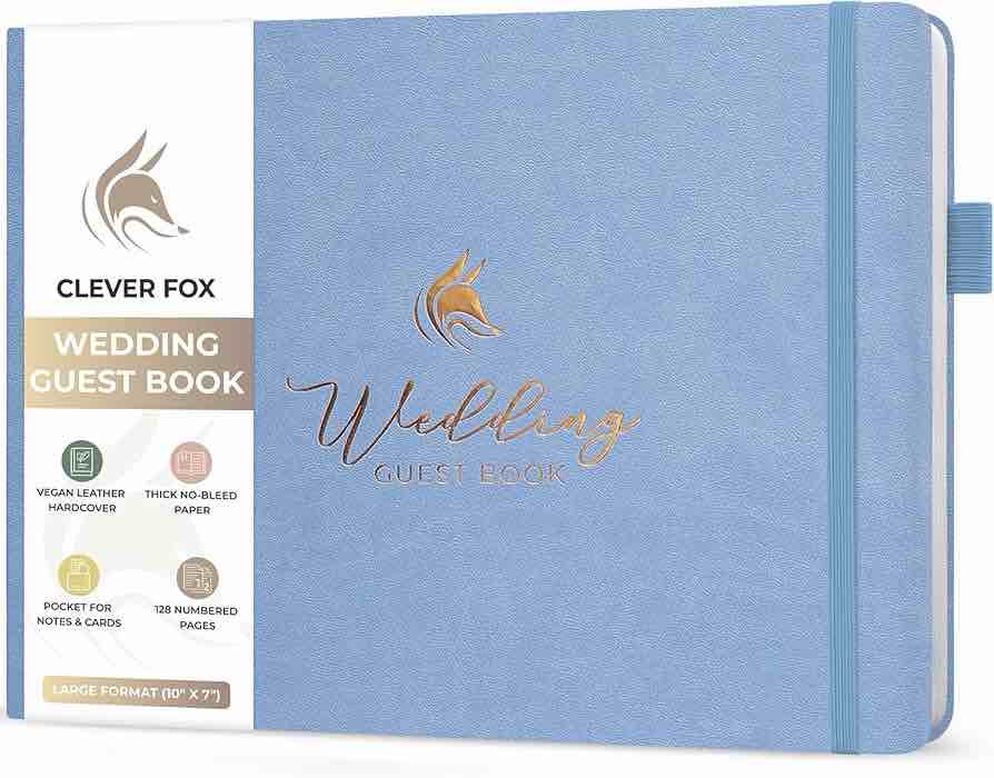 Clever Fox Wedding Guest Book – Guided Wedding Guestbook with Themed Pages – Sign in Album for Notes & Wishes – Wedding Gifts, 10”x7” (Light Blue)