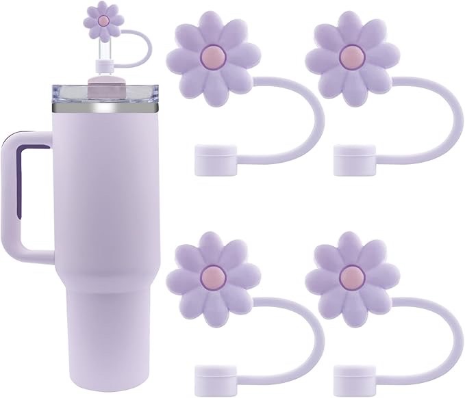 Velaco 4 PCS Silicone Straw Covers Cap Compatible with Stanley 30&40 Oz Cup, 10mm Cute Flower Straw Toppers for Tumblers, Dust-Proof Drinking Straw Caps for Reusable Straws Tips Lids - Purple