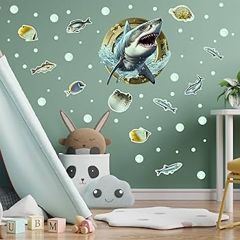 3D Shark Fish Wall Stickers Glow in The Dark, Ocean Animals World Removable Decals for Kids Room Decor, Under The Sea Vinyl Stickers for Ceiling (Green)