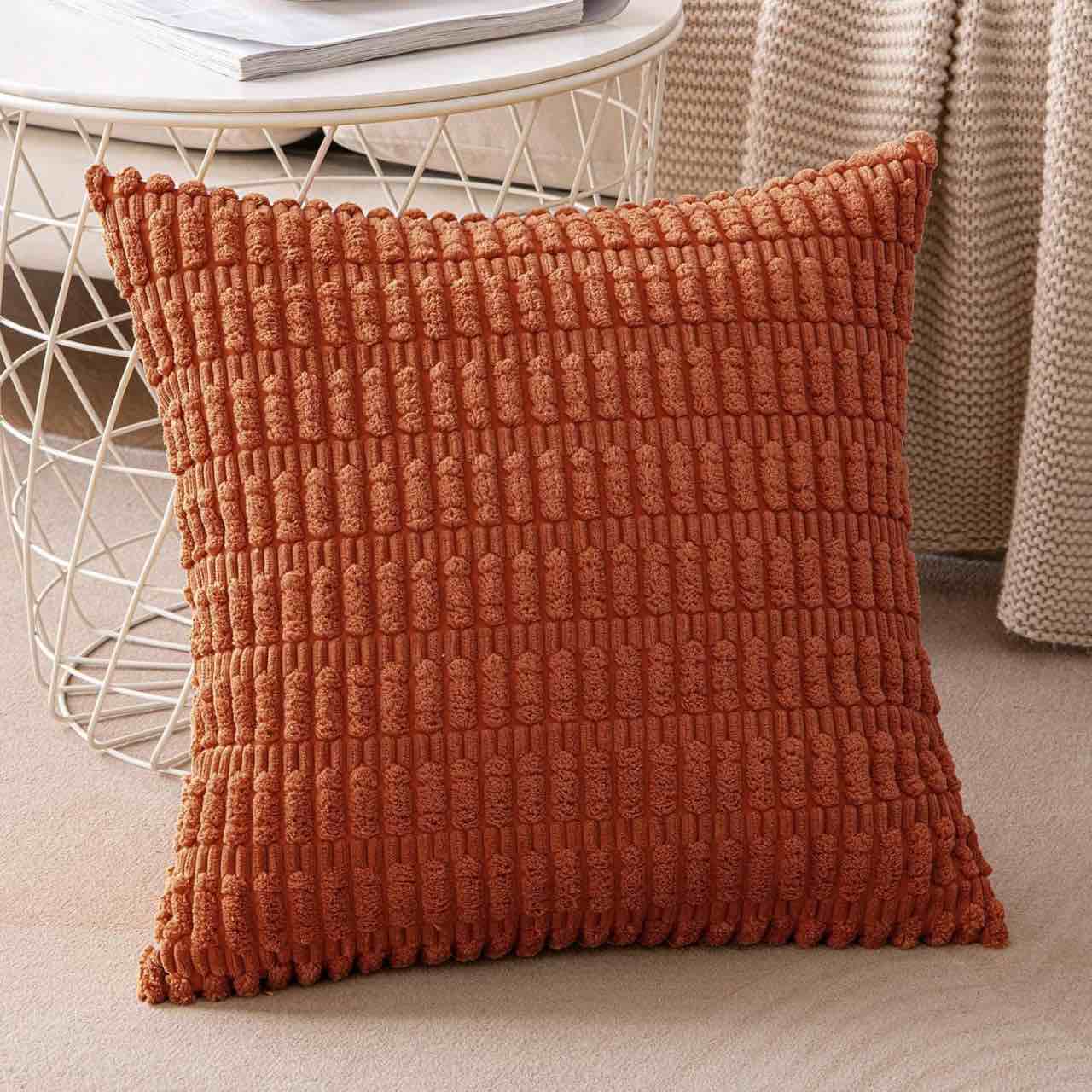 ANRODUO Pack of 2 Fall Pillow Covers Burnt Orange Corduroy Decorative Throw Pillow Covers 18x18 Inch for Couch Bed Living Room Soft Striped Square Cushion Case Rustic Boho Neutral Room Halloween Decor