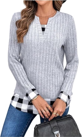 SweatyRocks Women's Casual Plaid Long Sleeve V Neck Ribbed Knit T-Shirts