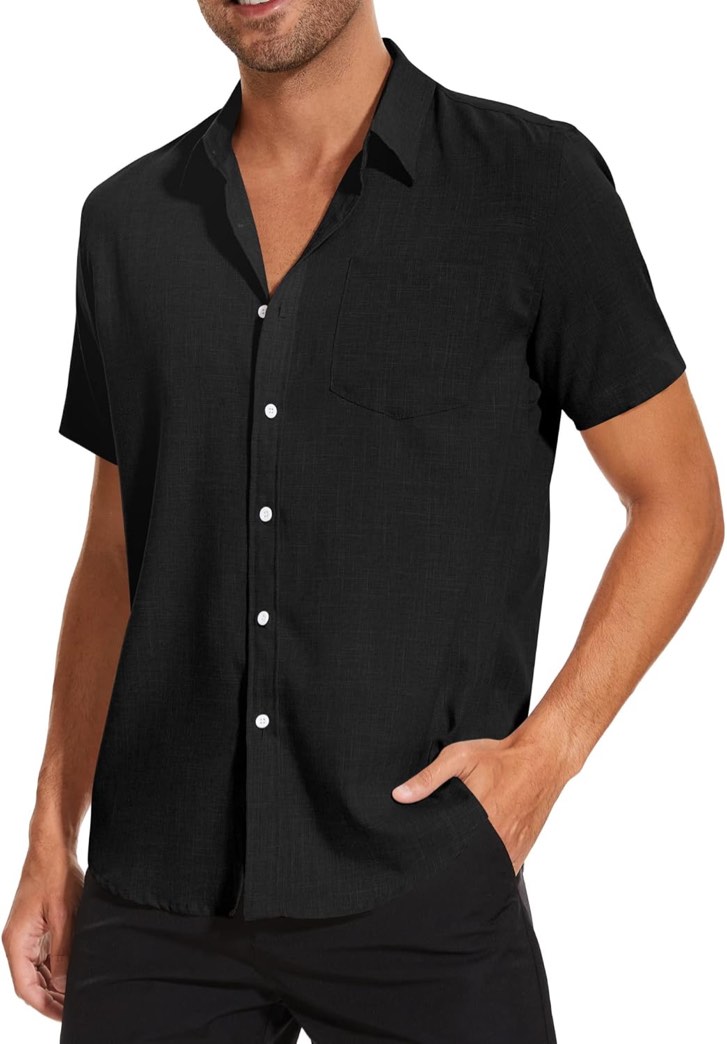 Evelom Linen Shirt for Men Short Sleeve Button Down Casual Shirts Mens Collar Summer Beach Shirt
