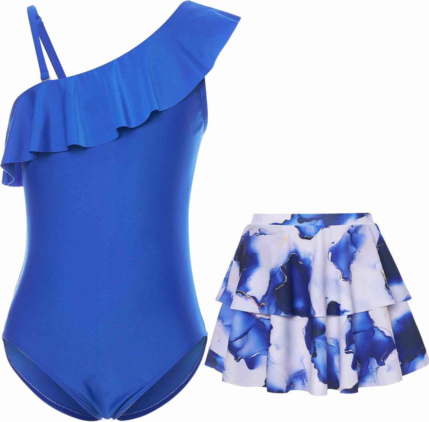 swimsobo Girl Swimsuit for Size 7-8 Years One Piece Bathing Suit with Skirt Blue One Shoulder Ruffle Adjustable Strap Swimwear
