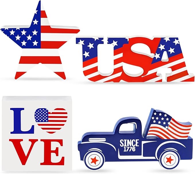 4th of July Decor Patriotic Decorations, 4Pcs Wooden Patriotic USA LOVE Star Car Sign, Fourth of July Table Decorations for Home Independence Day Tiered Tray Decor