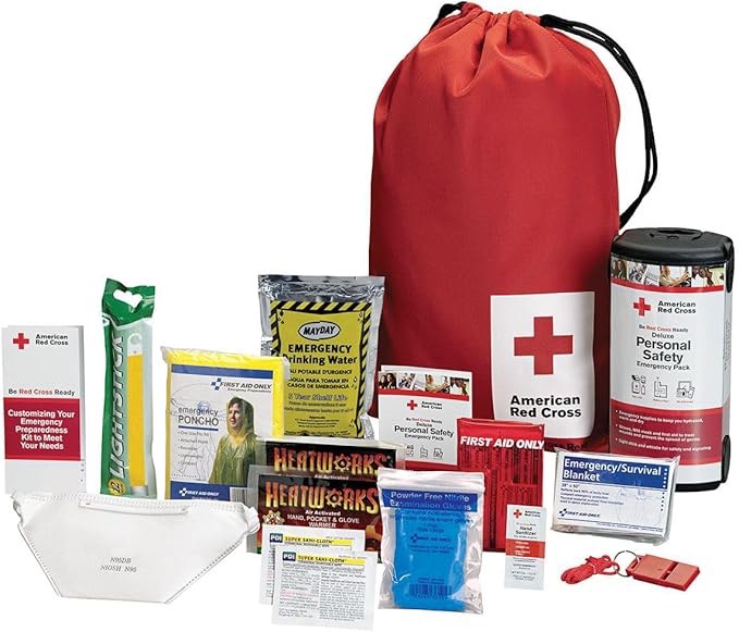 American Red Cross Officially Licensed Product | Deluxe Personal Safety Emergency Pack with Bag | Trauma Supplies | Medical Backpack | Bandages, Wipes, Gloves, Whistle, More