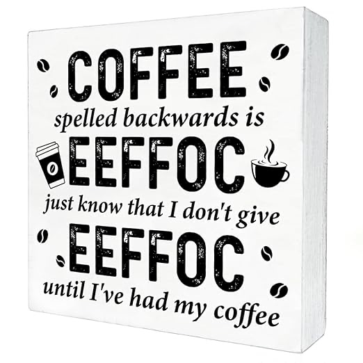 Funny Coffee Spelled Backwards Wood Sign for Lover Home Kitchen Desk Shelf 5"x 5"