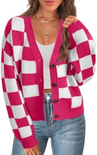 MEROKEETY Women's Cropped Sweater 2024 Casual Long Balloon Sleeve Cardigans Button Down Knitted Jacket, Magenta, M