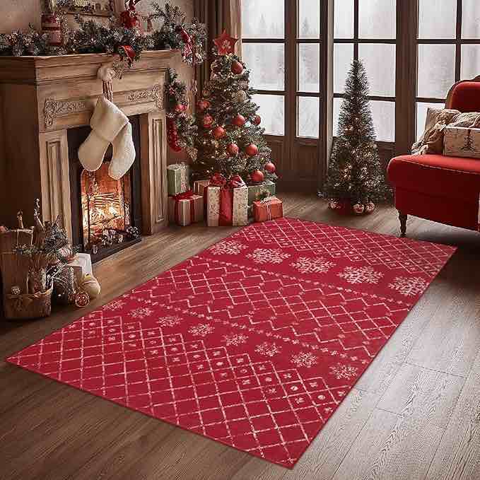 jinchan Christmas Area Rug 4x6 Modern Snowflake Kitchen Washable Indoor Mat Xmas Red Geometric Accent Rug Soft Floor Cover Thin Carpet Non Slip for Bathroom Bedroom Dining Room Living Room