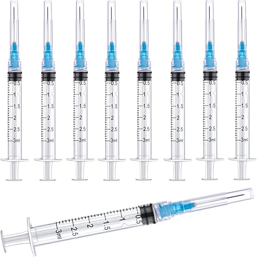 25 Pack 3ml/cc Plastic Luer Lock Syringa with 23Ga and Cap, Individually Sealed Wrapped, for Scientific Labs, Measuring Liquid, Refilling Cartridges or Glue Applicator