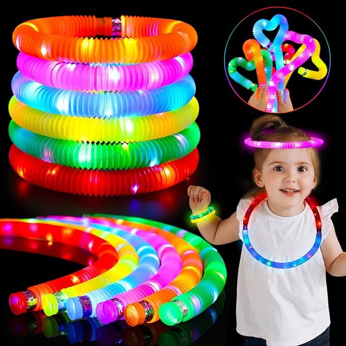 Glow Sticks Camping Essentials for Toddlers,12 Pcs Light Up Pop Tubes,Party Favors for Kids,Glow in The Dark Party Supplies,Fun Camp Games Activities Gear Stuff