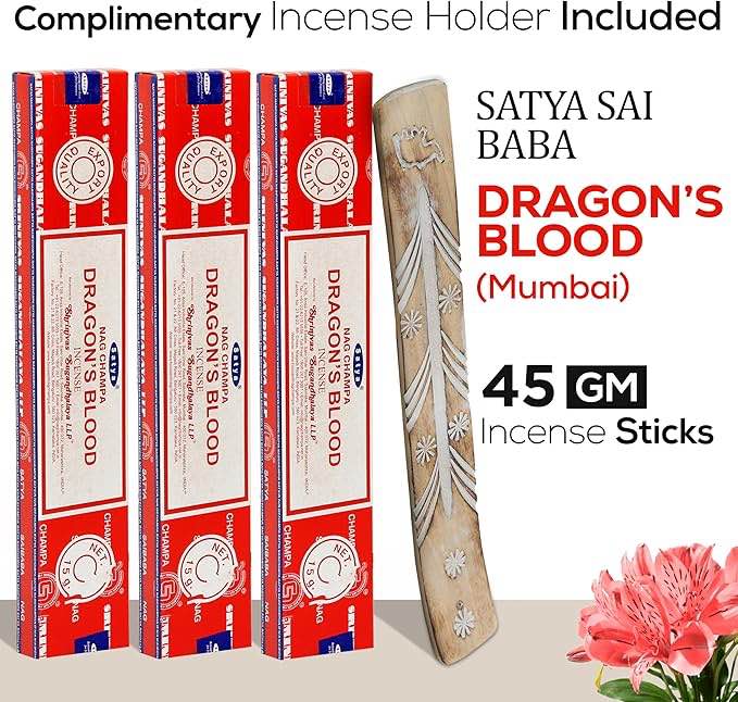 Raajsee Satya Nag Champa Dragon Blood Incense Sticks, 15g x 3 Pack (45g, 40 Sticks) with Raajsee Incense Holder