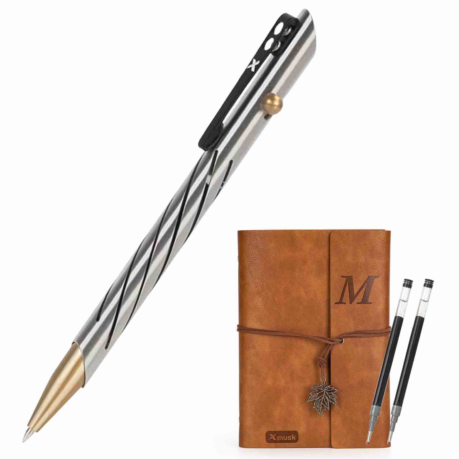 Xmusk Stainless Steel Bolt Action Pen Compatible with G2 Refill A5 160 Pages Faux Leather Journal No