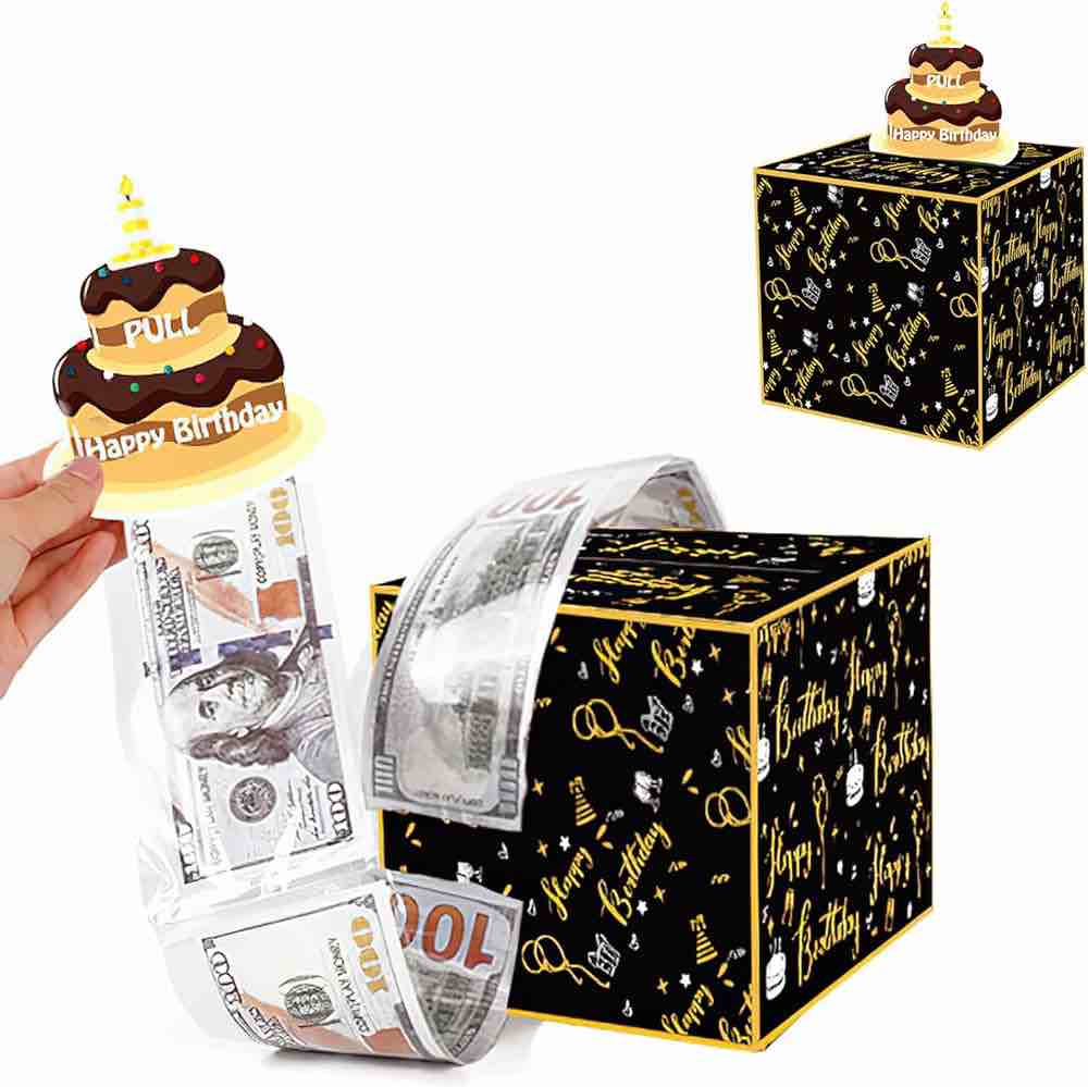 Birthday Money Box for Cash Pull,Surprise Cash Box Roll Present Idea Boxes for Kids Adults with Happy Birthday Card and 30Pcs Transparent Bags,Funny Give Money as Present for Women Men
