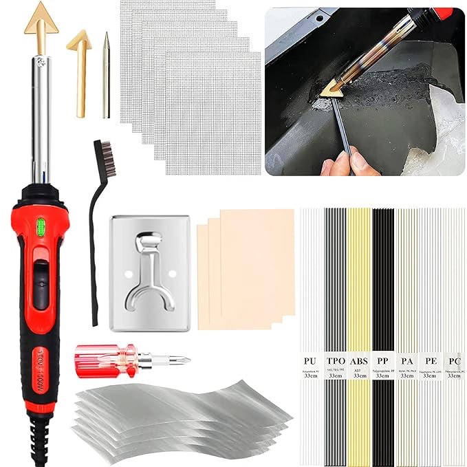 100W Plastic Welding Kit with Plastic Welder, Rods, Stainless Steel Mesh, Foil Tape, Sandpaper, Bracket, Metal Brush, Screwdriver, Professional Surface Repair Tool for Car Bumper,Dashboard, Kayak