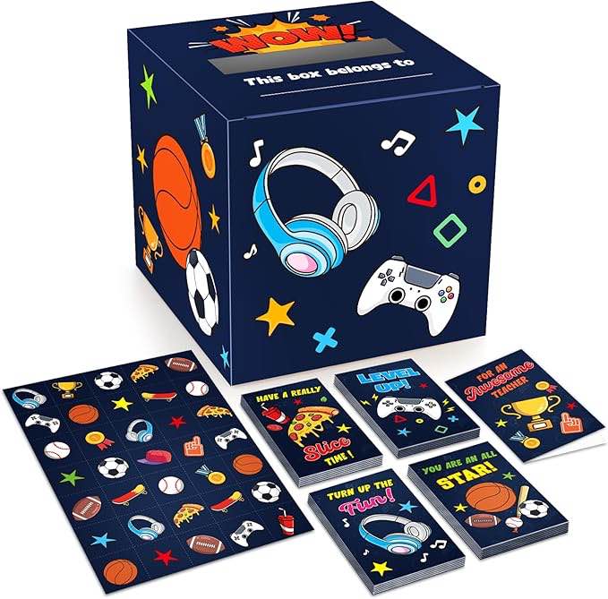 Gloween Valentines Day Box and Cards for Kids Classroom School Exchange, Great Valentines Gifts Party Favors for Boys Girls - Games & Sports, 1 Mailbox, 32 Valentine Cards, 1 Teacher Card, Stickers