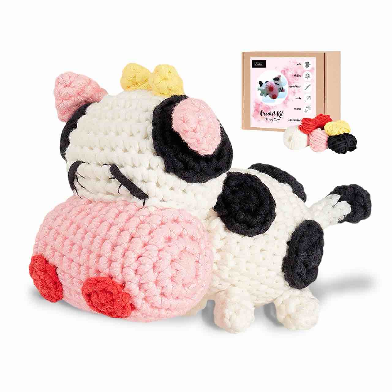 Crochet Kit for Beginners with Step-by-Step Video Tutorials and Detailed Instruction, Crochet Amigurumi Starter Kits, Complete DIY Animal Kit, with Beginner-Friendly Yarn, Sleepy Cow