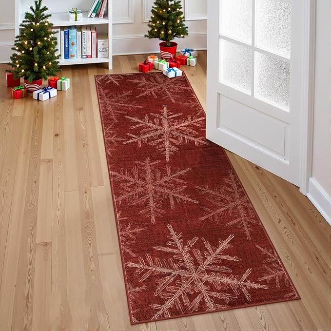 Lahome Snowflake Christmas Runner Rug, 2x6 Red Christmas Rug Runner Soft Non Slip Kitchen Runner Rug