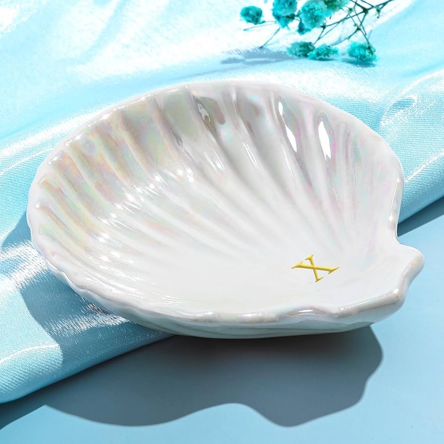 Initial Shell Ceramic Ring Tray Trinket Dish Jewelry Plate Tray Adult Women White Elephant Gifts Christmas Useful Unique Good Cool Co Worker Besties Leaving Female Teacher Cowoker Office Exchange