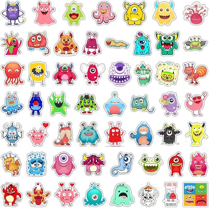 Stickers for Kids, Monster Party Favors, Birthday Decorations Cute Monster Stickers for Water Bottles, Funny Waterproof Decals for Skateboard Scrapbook Laptop Car Guitar Bike