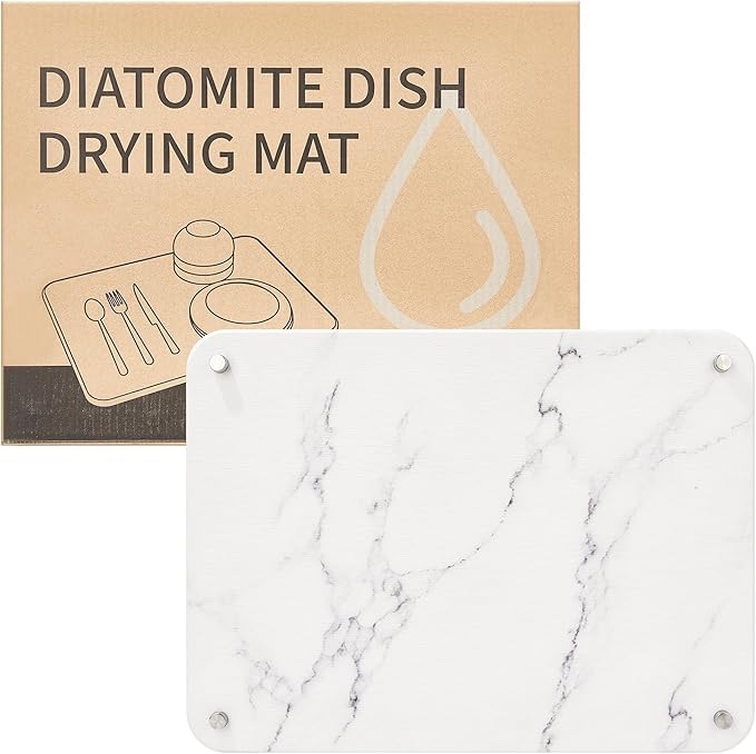 Diatomite Stone Dish Drying Mat for Kitchen Counter (16”x12”, White Marble)