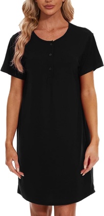 HONG HUI Women’s Nightgown Sleepshirts: Short Sleeve Nightshirts — Printed Sleepwear Loose Sleep Dress Loungewear Nightshirt (XL, Black)