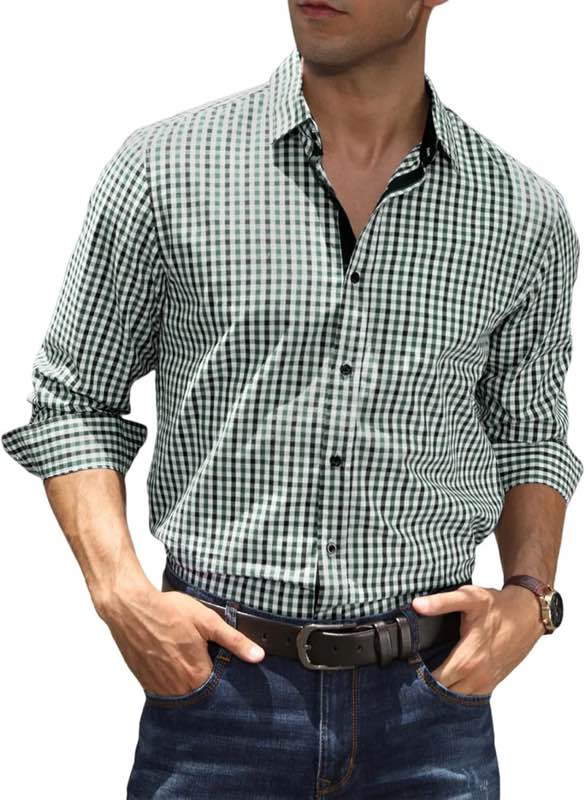 JMIERR Men's Dress Shirts: Plaid 100% Cotton Button Down Long Sleeve — Regular Fit Formal Business Shirt (A Green, XL)