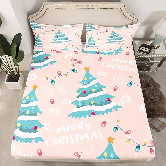 Erosebridal Christmas Tree Fitted Sheet for Kids Teens Adult,Xmas Bed Sheets Full,Happy New Year Bed Set,Winter Festivals Bedding Set with 2 Pillow Shams, Pink