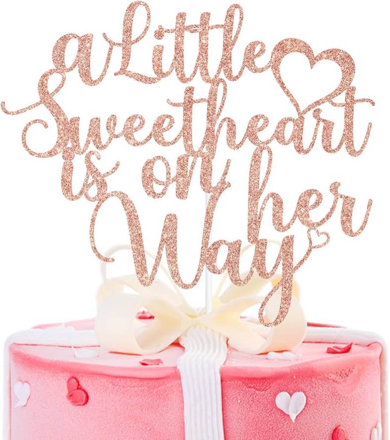 Rose Gold Glitter Cake Topper - A Little Sweetheart is on Her Way, Oh Baby, Sweet Baby Girl - Valentine's Day Gender Reveal Baby Shower Party Decorations Supplies