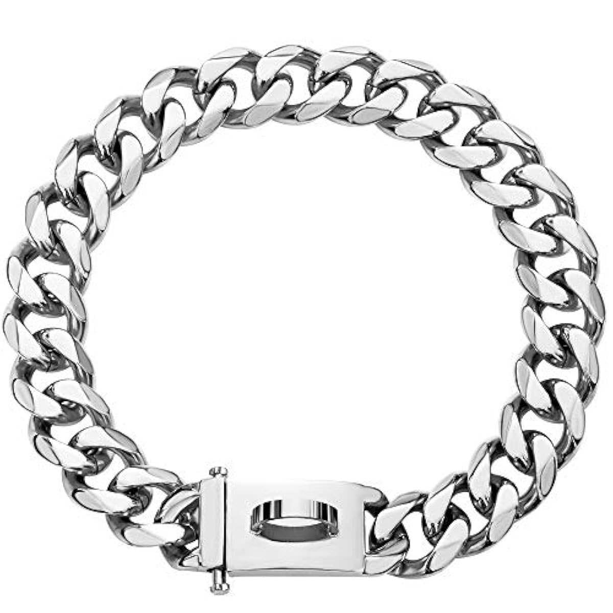 BMusdog Silver Dog Chain Collar Walking Metal Chain Collar with Design Secure Buckle Cuban Link Strong Heavy Duty Chew Proof for Small Dogs American Pitbull German Shepherd(19MM, 14")