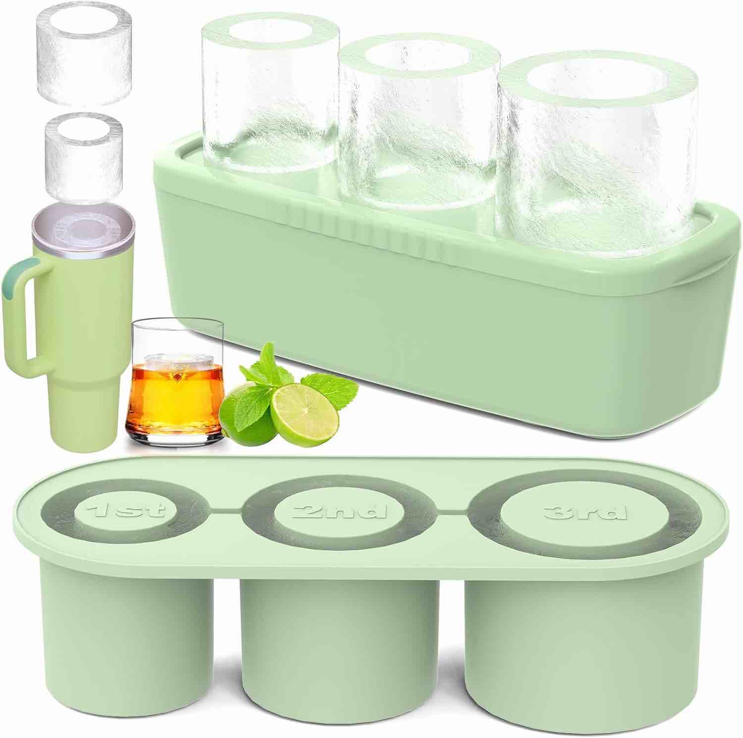 Tcamp Ice Cube Tray for 30 oz Tumbler Cup Ice Mold, 3 Pcs Silicone Hollow Cylinder Ice Tray with Lid and Bin for Freezer, Ice Drink, Juice, Whiskey, Cocktail (Green)