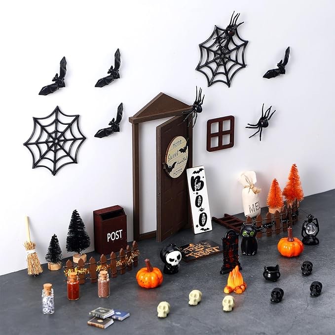 Sumind 52 Pcs Halloween Mini House Door Kit Fairy Miniature Garden Accessories Halloween Miniatures House Accessories Mini House Decor Set Halloween Theme DIY Craft Gift(Brown)