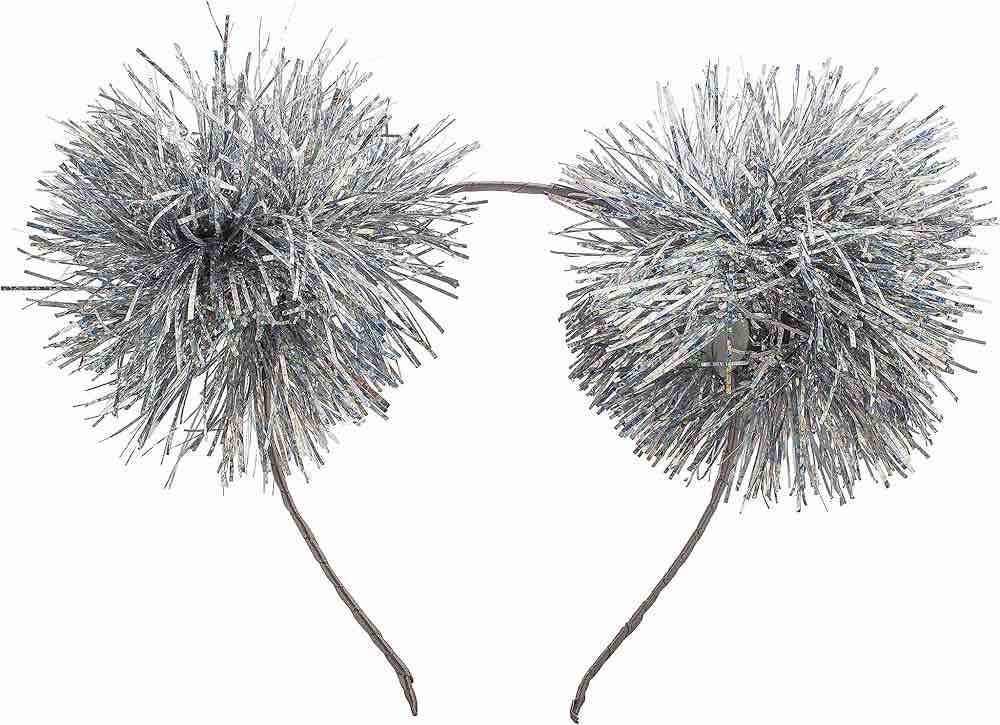LUX ACCESSORIES Foil Strips Pom Poms Style Cat Ears Fashion Headband (SILVER)