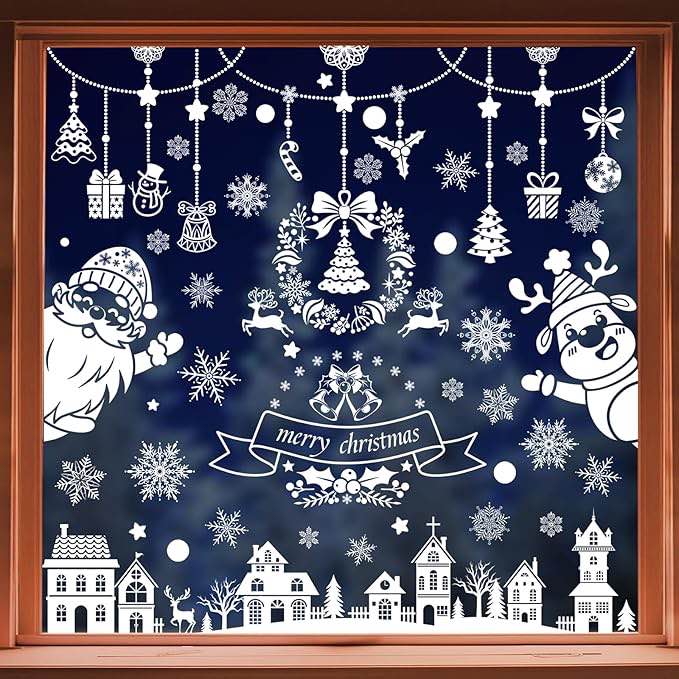 AivaToba 121 Pcs Christmas Window Clings, Double Sided Merry Christmas Snowflake Window Decals White Winter Window Clings for Home Shop Window Glass Display Decoration