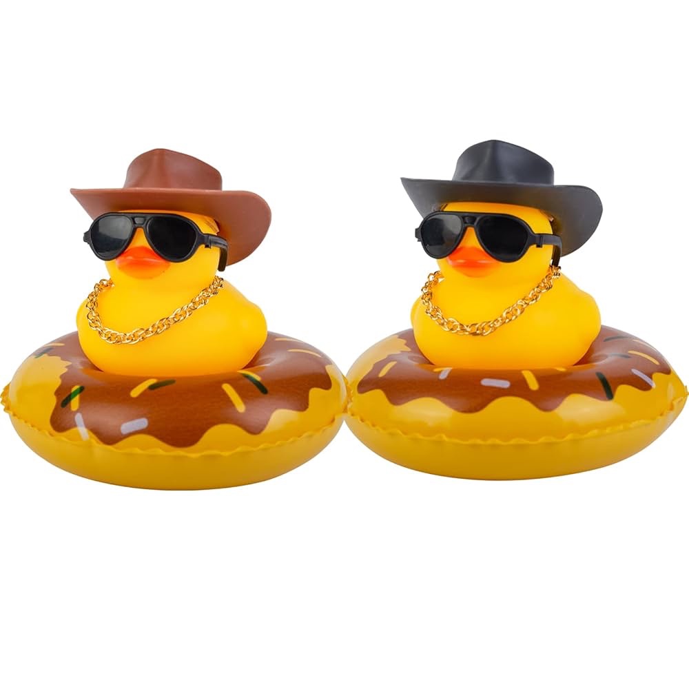 MuMyer Car Rubber Duck 2Pcs Duck Car Dashboard Decorations Yellow Duck Car Ornaments for Car Dashboard Decoration Accessories with Mini Swim Ring Sun Hat Necklace and Sunglasses