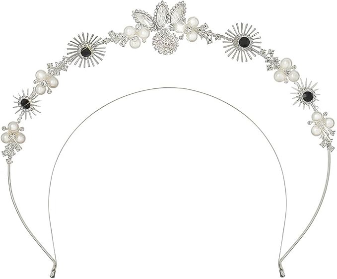Woeoe Rhinestone Halo Crown Headband Silver Pearl Crystal Double Hair Band Party Costume Festival Headpiece Hair Accessories for Women and Girls