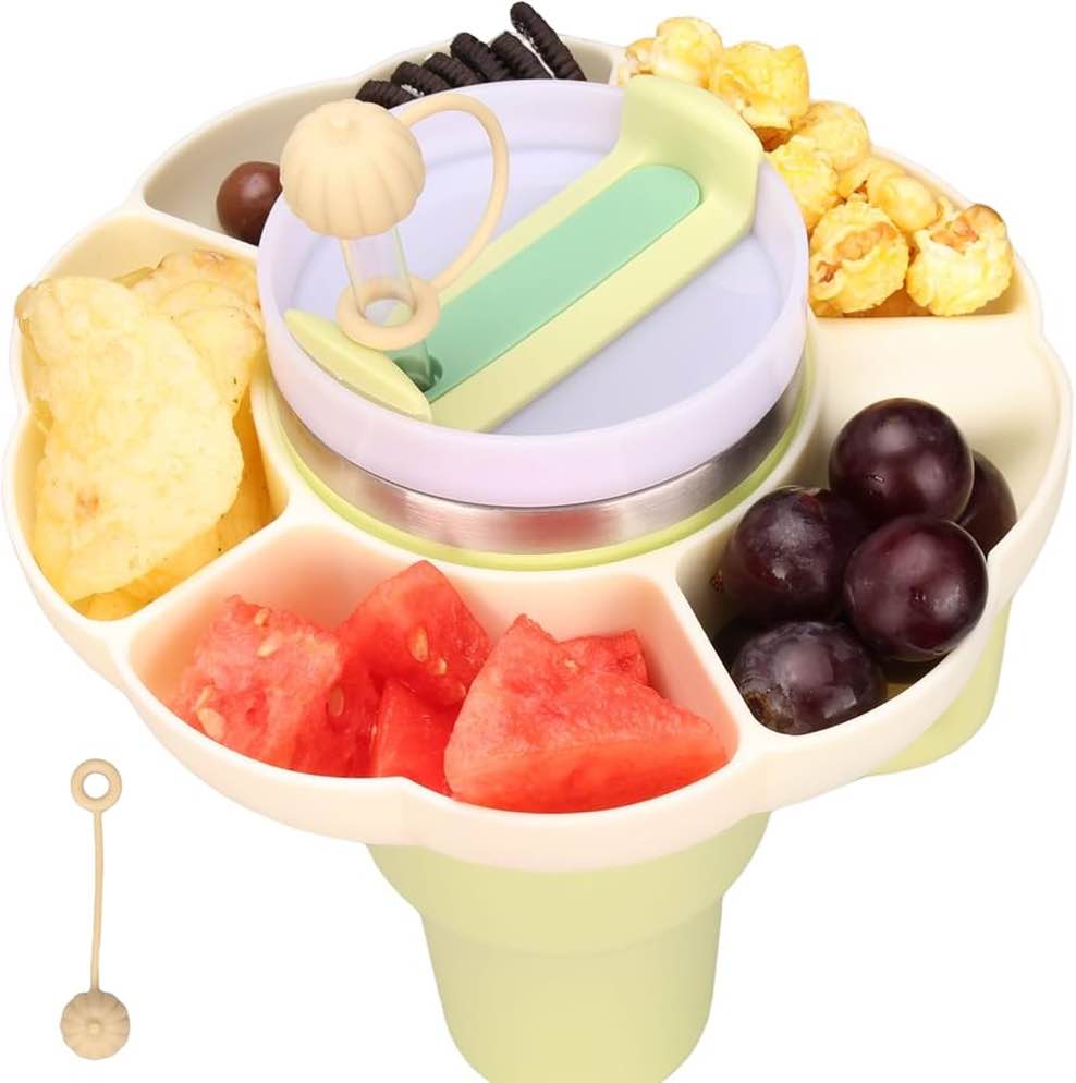 Snack Tray Compatible with Stanley Cup 40 oz Tumbler with Handle, Pumpkin Silicone Snack Bowl with 5 Compartments, Reusable Snack Ring for H2.0, White