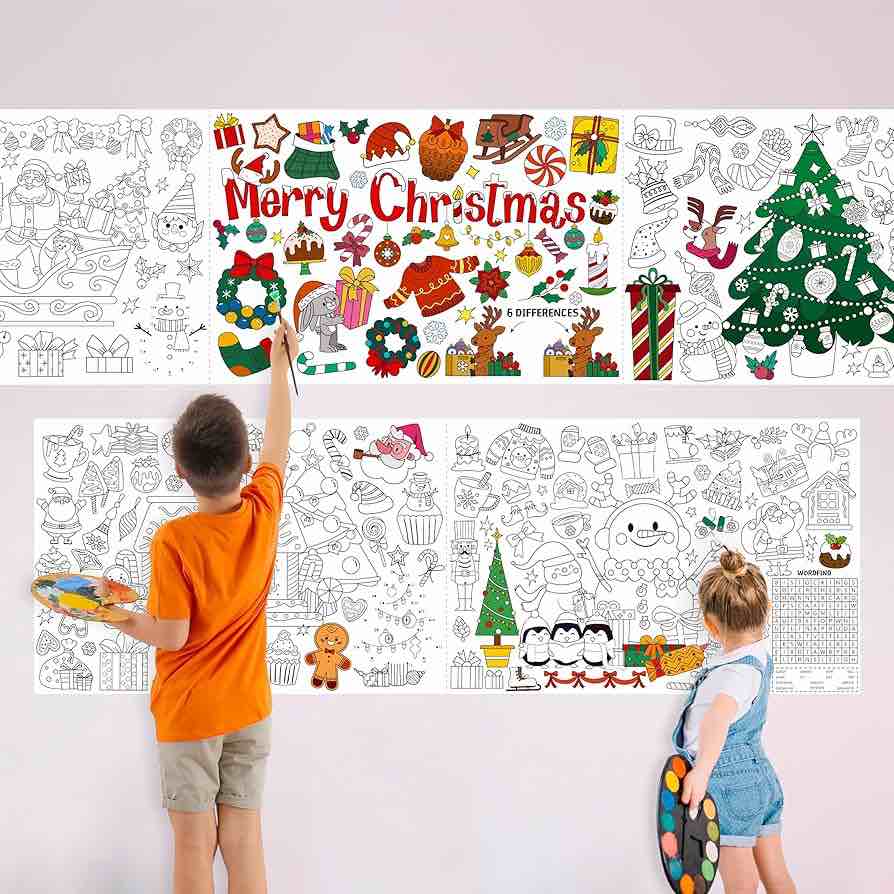 Christmas Coloring Roll, Large Coloring Poster Sticky No Mess Drawing Paper for Toddlers 118” x 16” Jumbo Size DIY Painting Drawing Roll for Easels, Gifts, Parties, Walls