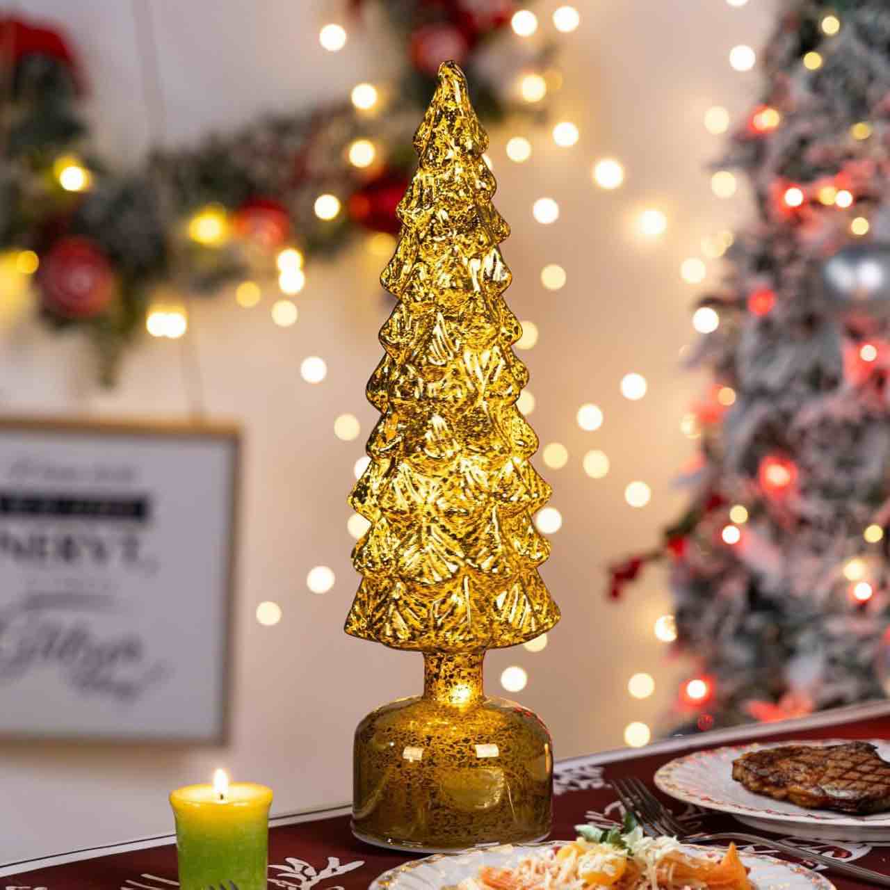 Mercury Glass Christmas Tree Decor, Rotating Glass Christmas Trees for Tabletop, Christmas Centerpiece for Tables Display Party Indoor Home Decor, Battery Operated Table Lamp with Timer (Green)