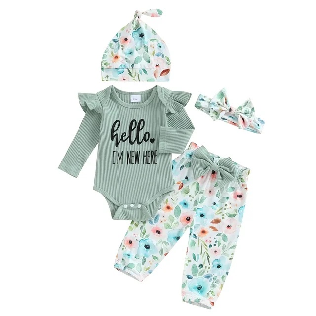LUNFEGO Newborn Baby Girl Clothes Infant Outfits Ruffle Romper + Floral Pants + Headband + Hat Sets for Girls ( 70 )