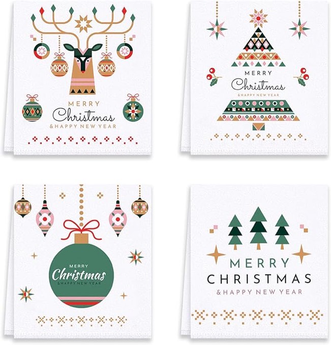 Pack of 4 Christmas Kitchen Tea Towels, Merry Christmas Holiday White Towels Funny Decorative Tea Towels Tea Towels Housewarming Gifts for New Home Bathroom Decorations
