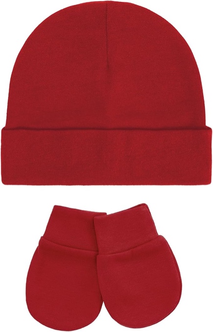 Zando Red Baby Hat 0-6 Months - Soft Cotton Beanie for Newborn Infants, Boys and Girls - Halloween and Winter Hat With Mitten Set