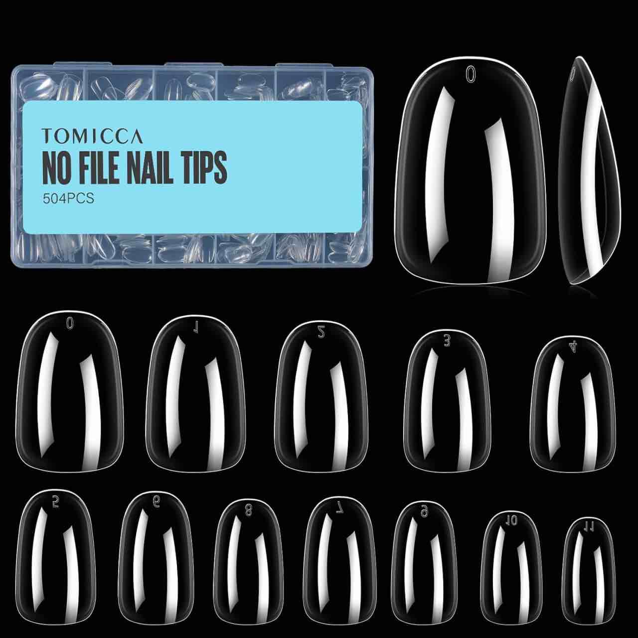 TOMICCA 504Pcs 12 Sizes Acrylic Nail Tips, Full Cover Oval Shape Press on Nails, Clear Fake Gel Nails, Prefabricated Full Cover Nail Tips for DIY Nail Art