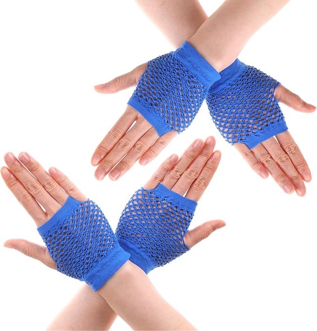 DIVINA VITAE 2 Pairs Royal Blue Fingerless Fishnet Gloves Women 80s Short Stretch Mesh Gloves Retro Nylon Fish Net Fingerless Gloves for 80's Theme Party Halloween Cosplay Women Costume Accessories
