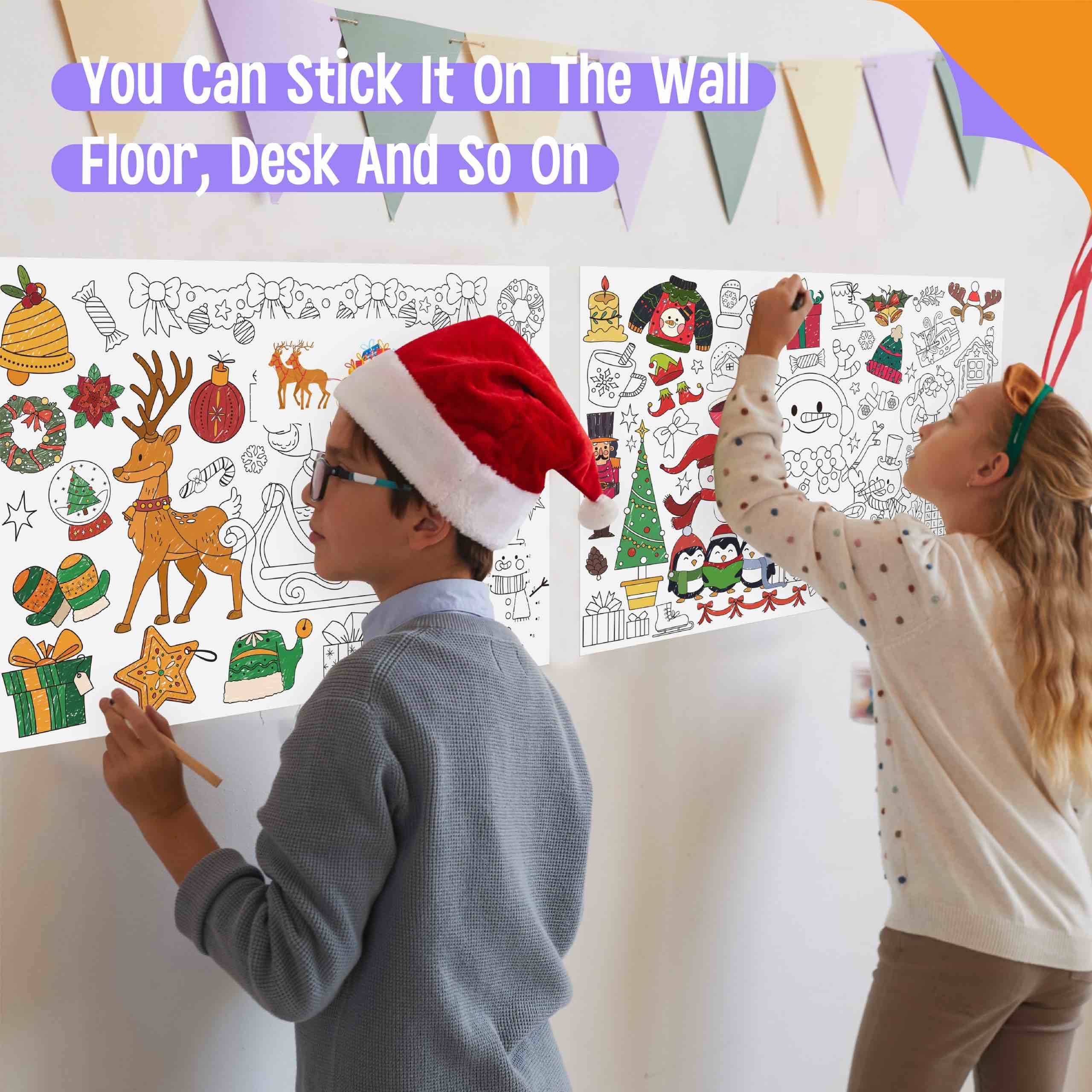 Christmas Coloring Roll, Large Coloring Poster Sticky No Mess Drawing Paper for Toddlers 118” x 16” Jumbo Size DIY Painting Drawing Roll for Easels, Gifts, Parties, Walls
