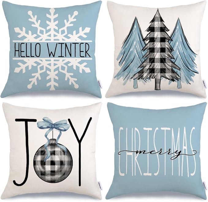 GEEORY Christmas Pillow Covers 20x20 Set of 4 for Xmas Decorations Christmas Tree Joy Snow Merry Christmas Throw Pillow Cases Winter Holiday Farmhouse Decor for Home G589-20
