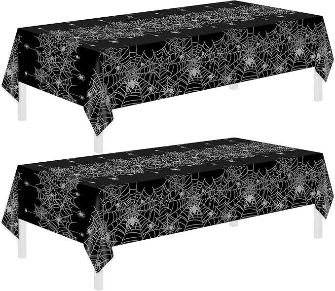YY Halloween Spider Party Tablecloths Disposable 2 Pieces 108 x 54in Tablecovers Black, Spider and Cobweb