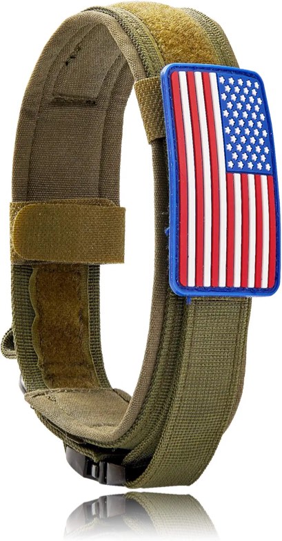 BMusdog Tactical Dog Collar Adjustable Military Dog Collar with Metal Buckle and Handle 1.8inch Wide Polic Camo Nylon Camo Collar (M), Military Green New Bukle